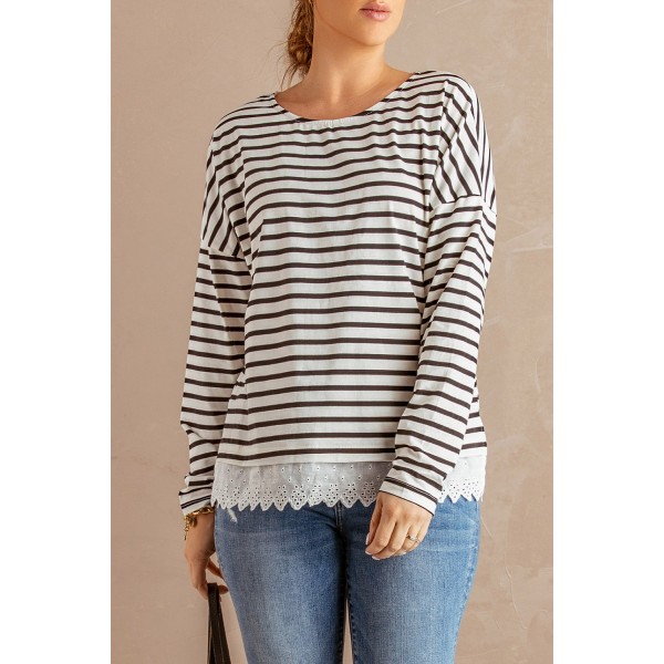 Striped Long Sleeve Top with Lace Trim