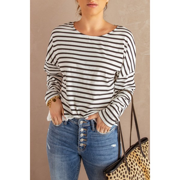 Striped Long Sleeve Top with Lace Trim