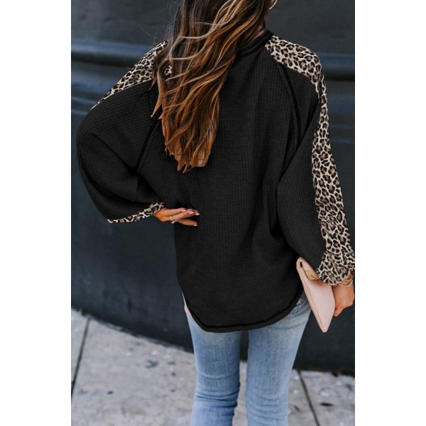 Black Leopard Splicing Waffle Knit Blouse