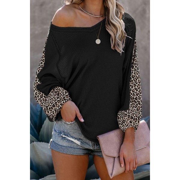 Black Leopard Splicing Waffle Knit Blouse