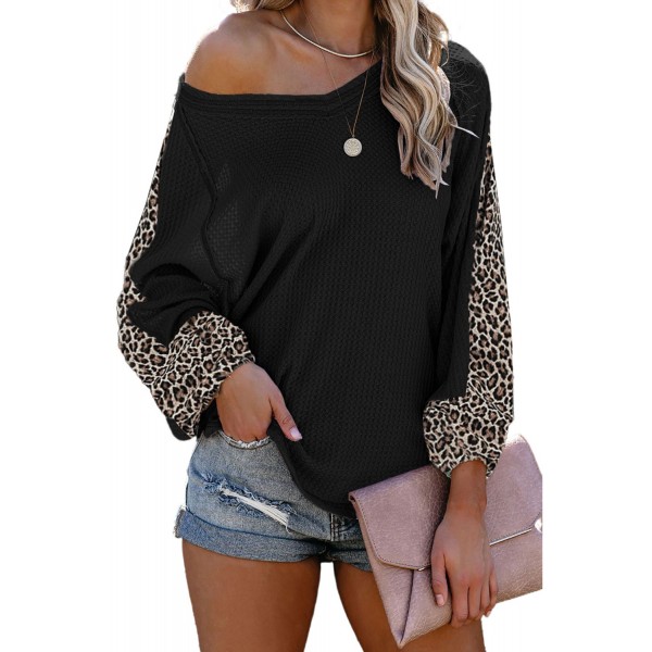 Black Leopard Splicing Waffle Knit Blouse