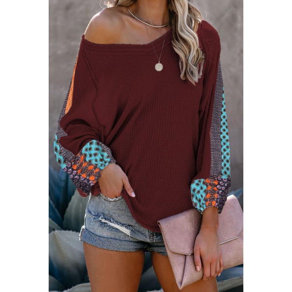 Burgundy Pattern Print Splicing Waffle Knit Blouse