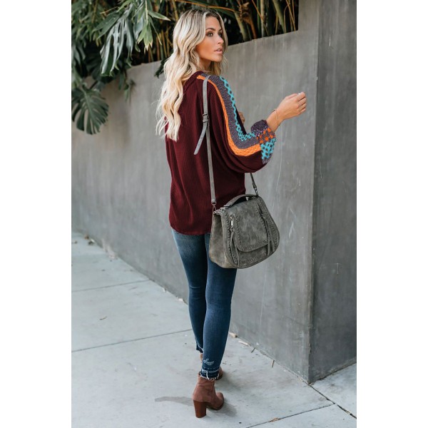Burgundy Pattern Print Splicing Waffle Knit Blouse
