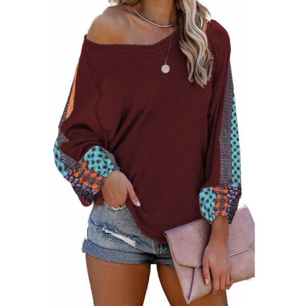 Burgundy Pattern Print Splicing Waffle Knit Blouse