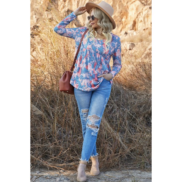 Blue Leopard Tie Dye V Neck Pleated Long Sleeve Top
