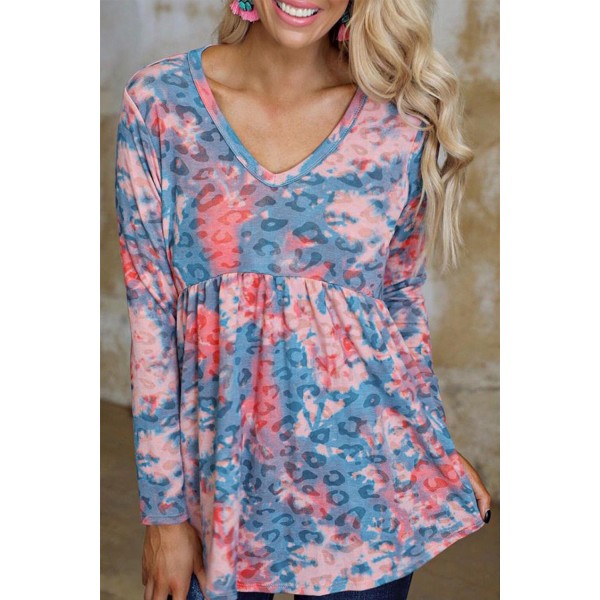 Blue Leopard Tie Dye V Neck Pleated Long Sleeve Top