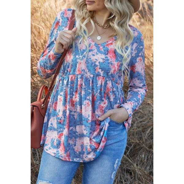 Blue Leopard Tie Dye V Neck Pleated Long Sleeve Top