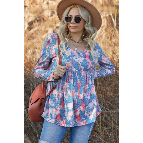 Blue Leopard Tie Dye V Neck Pleated Long Sleeve Top