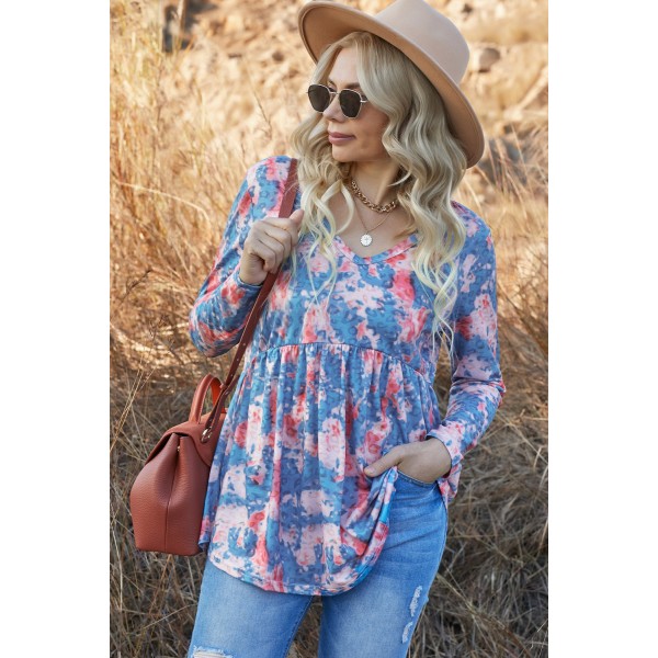 Blue Leopard Tie Dye V Neck Pleated Long Sleeve Top