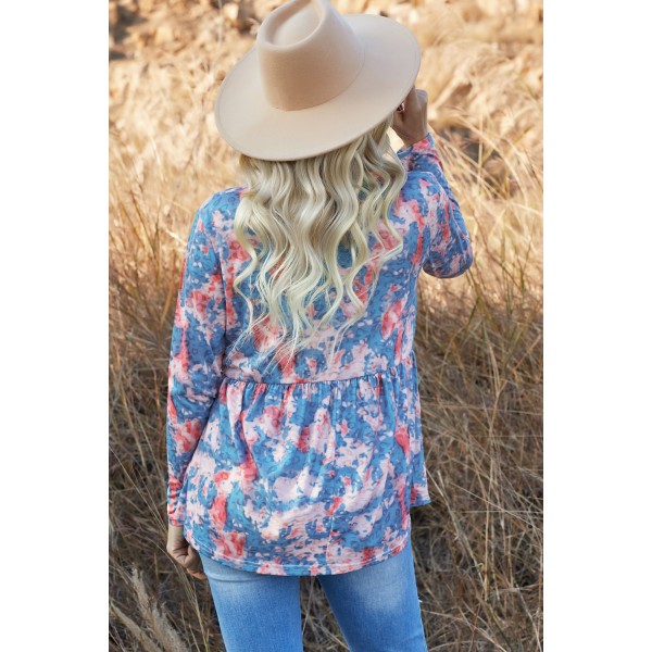 Blue Leopard Tie Dye V Neck Pleated Long Sleeve Top