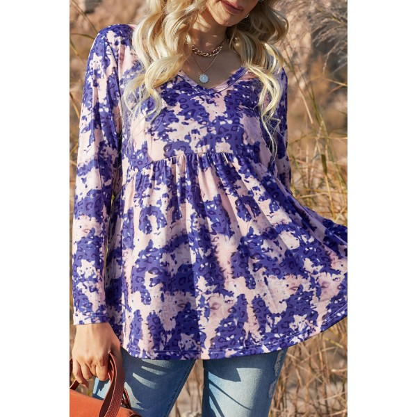 Purple Leopard Tie Dye V Neck Pleated Long Sleeve Top