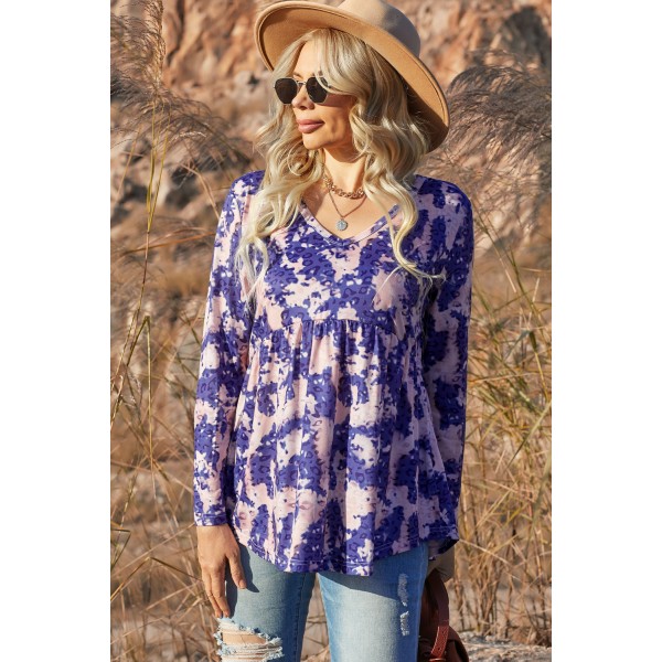 Purple Leopard Tie Dye V Neck Pleated Long Sleeve Top