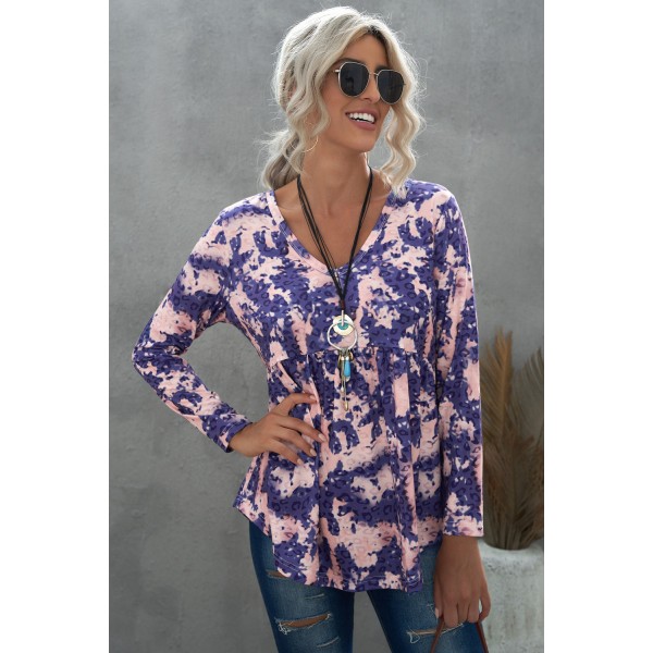 Purple Leopard Tie Dye V Neck Pleated Long Sleeve Top