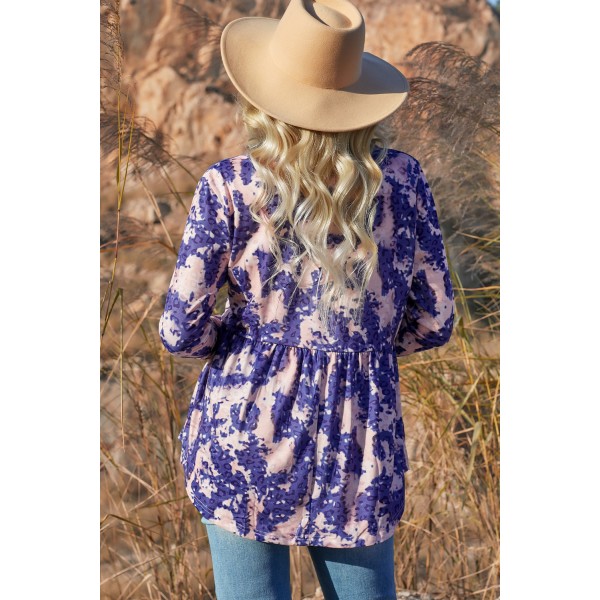 Purple Leopard Tie Dye V Neck Pleated Long Sleeve Top