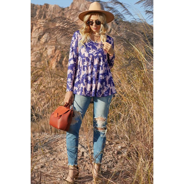 Purple Leopard Tie Dye V Neck Pleated Long Sleeve Top