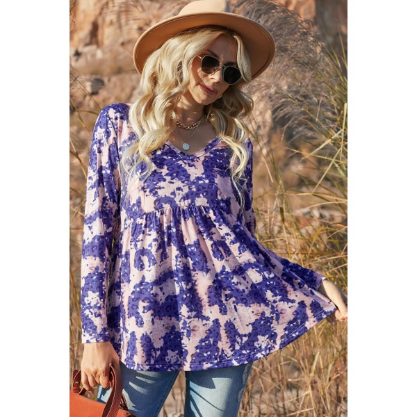 Purple Leopard Tie Dye V Neck Pleated Long Sleeve Top