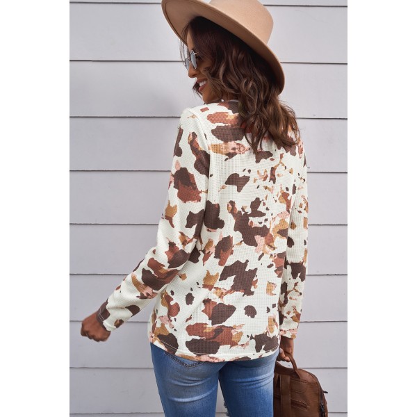 Cow Print V Cut Neckline Long Sleeve Top