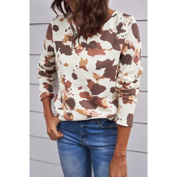Cow Print V Cut Neckline Long Sleeve Top