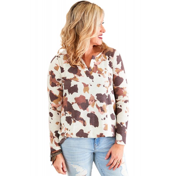 Cow Print V Cut Neckline Long Sleeve Top