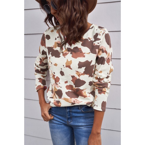Cow Print V Cut Neckline Long Sleeve Top