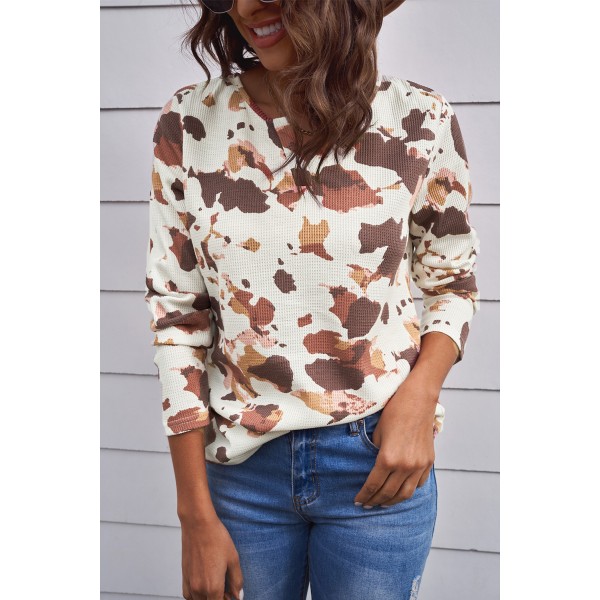 Cow Print V Cut Neckline Long Sleeve Top