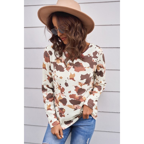 Cow Print V Cut Neckline Long Sleeve Top