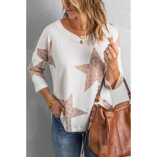 White Leopard Star Waffle Knit Long Sleeve Top