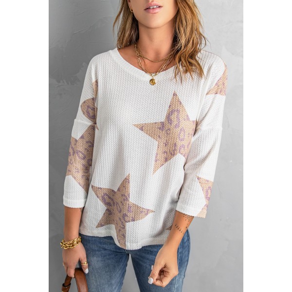White Leopard Star Waffle Knit Long Sleeve Top