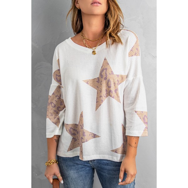 White Leopard Star Waffle Knit Long Sleeve Top
