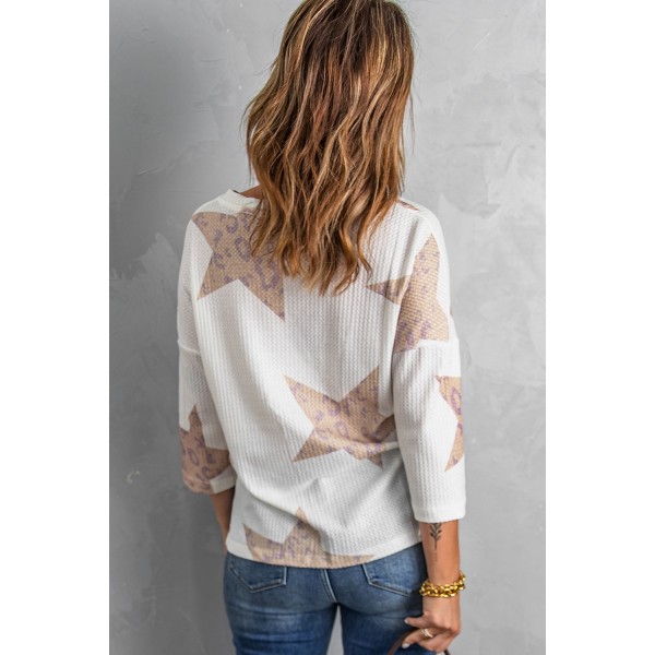 White Leopard Star Waffle Knit Long Sleeve Top