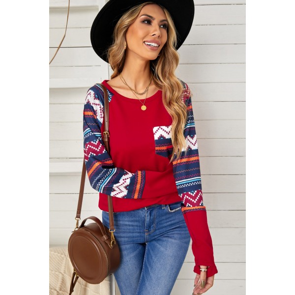 Red Raglan Sleeve Aztec Geometric Patchwork Top with Pocket