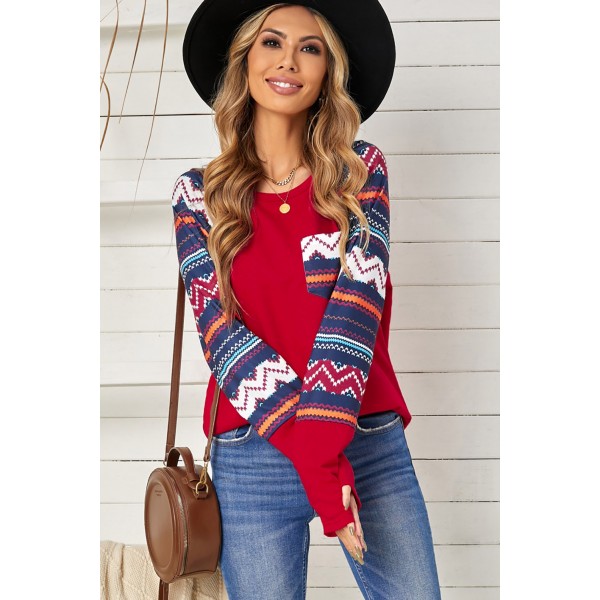 Red Raglan Sleeve Aztec Geometric Patchwork Top with Pocket