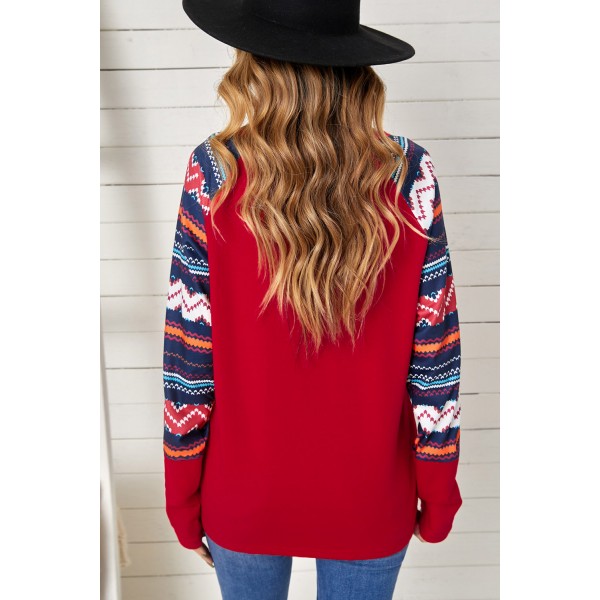 Red Raglan Sleeve Aztec Geometric Patchwork Top with Pocket