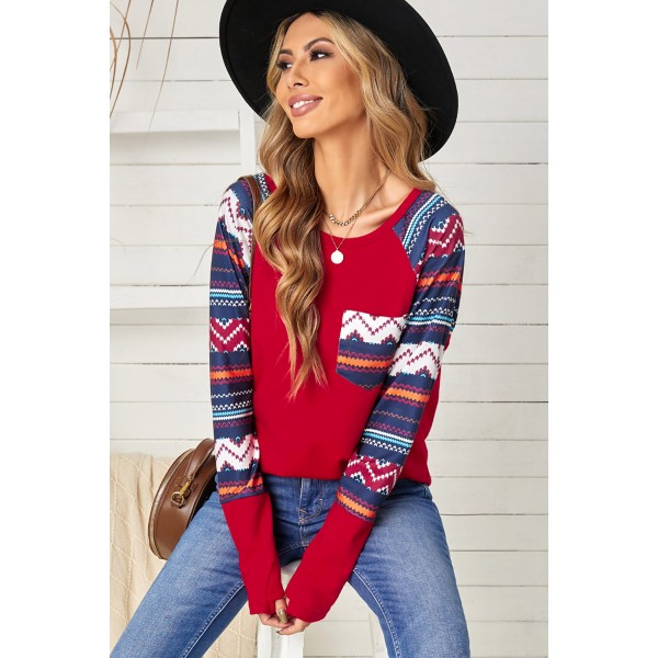 Red Raglan Sleeve Aztec Geometric Patchwork Top with Pocket