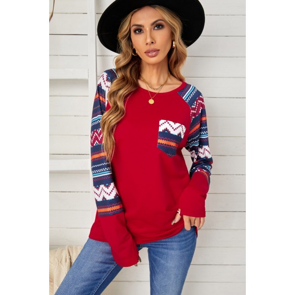 Red Raglan Sleeve Aztec Geometric Patchwork Top with Pocket