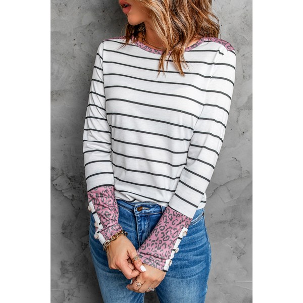 White Round Neck Leopard Splicing Sleeve Button Striped Top