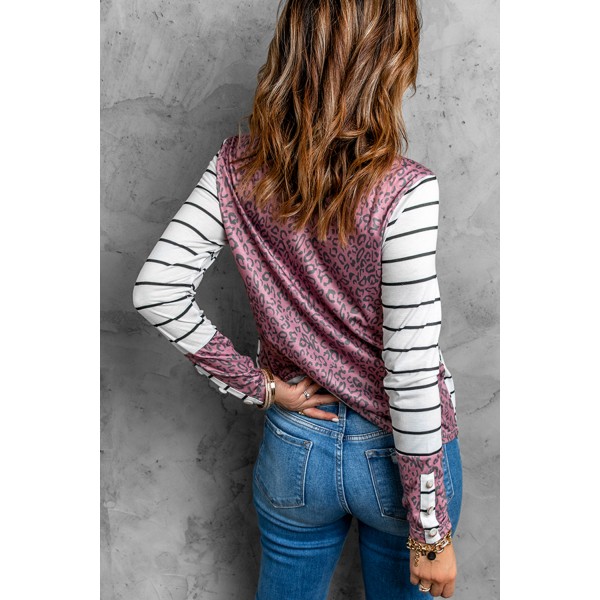 White Round Neck Leopard Splicing Sleeve Button Striped Top