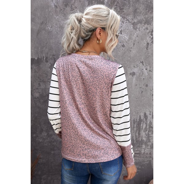 White Round Neck Leopard Splicing Sleeve Button Striped Top