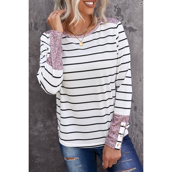 White Round Neck Leopard Splicing Sleeve Button Striped Top