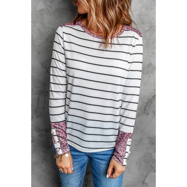 White Round Neck Leopard Splicing Sleeve Button Striped Top