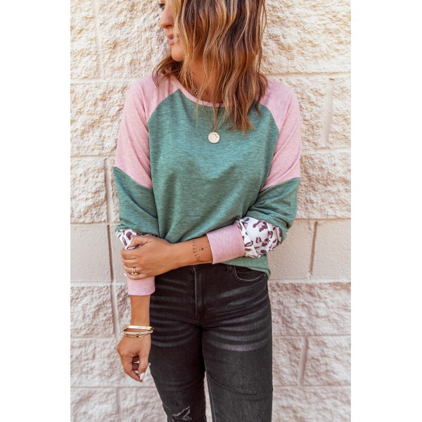 Green Round Neck Leopard Color Block Long Sleeve Top