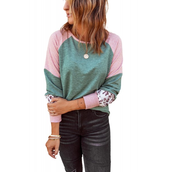 Green Round Neck Leopard Color Block Long Sleeve Top