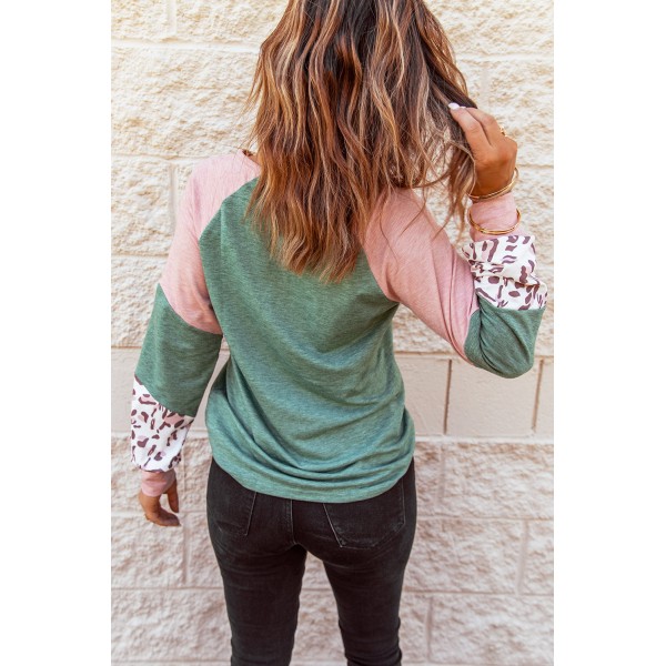 Green Round Neck Leopard Color Block Long Sleeve Top