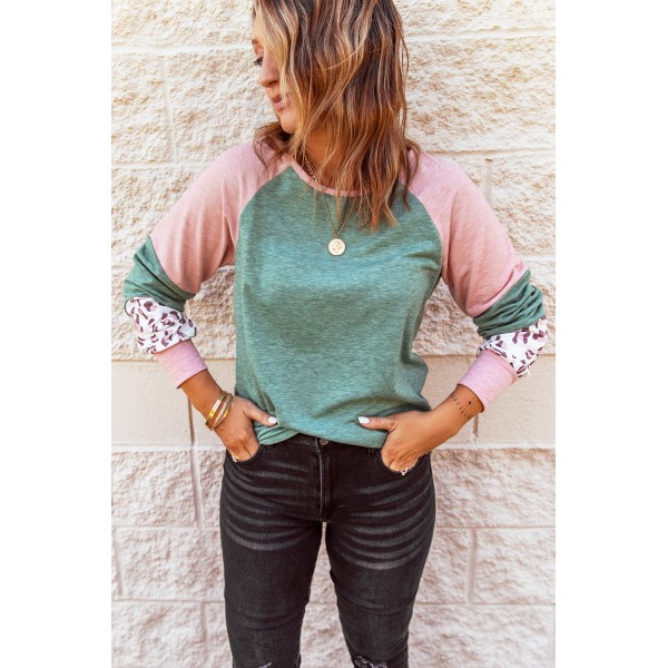 Green Round Neck Leopard Color Block Long Sleeve Top