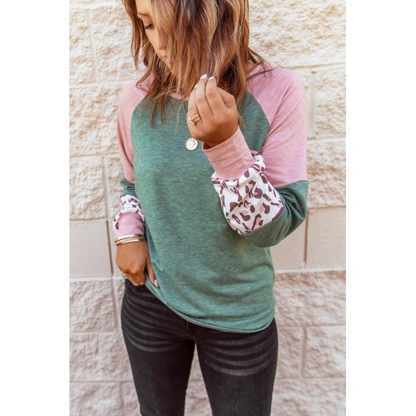 Green Round Neck Leopard Color Block Long Sleeve Top