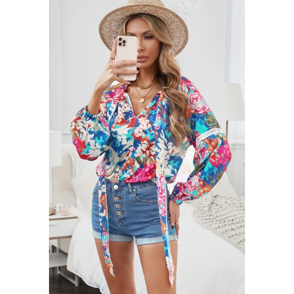 Multicolor Floral Print Belt Bubble Sleeve Top