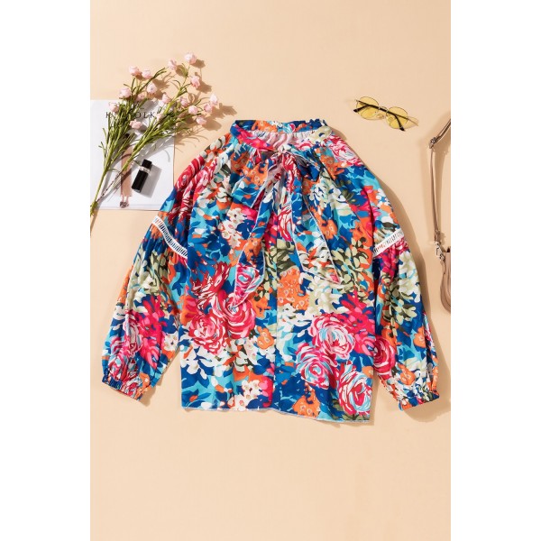 Multicolor Floral Print Belt Bubble Sleeve Top