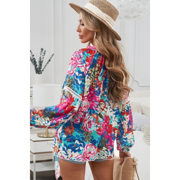 Multicolor Floral Print Belt Bubble Sleeve Top