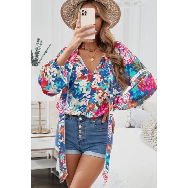 Multicolor Floral Print Belt Bubble Sleeve Top