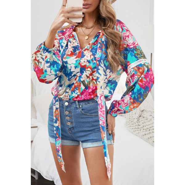 Multicolor Floral Print Belt Bubble Sleeve Top